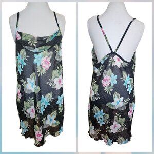 VTG Sheer Slip Dress Negligee Coverup Hawaiian Tropical Black Cowlneck‎ Sz L